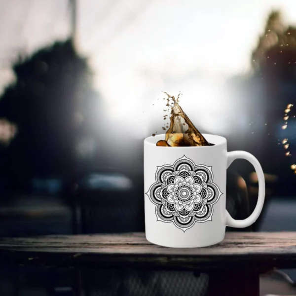 Generic Art Rangoli Black and White Printed Ceramic Coffee Mug (Color: White, Capacity: 350ml)