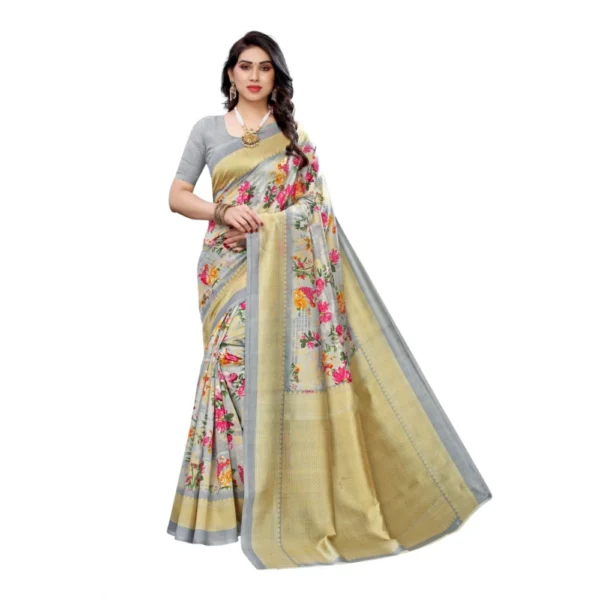 Women's Kalamkari Art Silk Printed Saree With Blouse (Grey, 5-6 Mtrs)