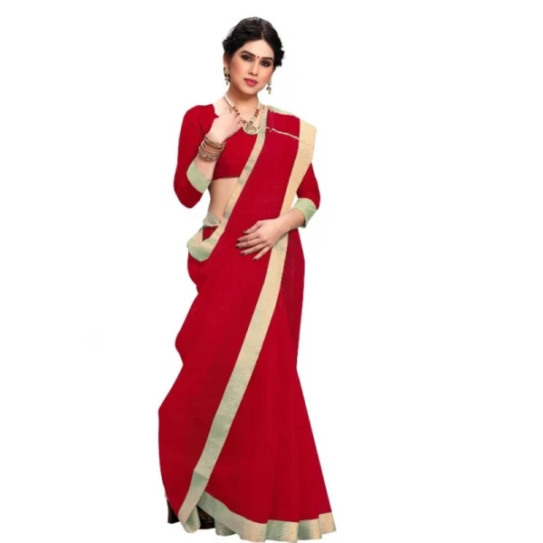 Women's Kota Doria Cotton Plain Saree With Blouse (Red, 5-6 Mtrs)