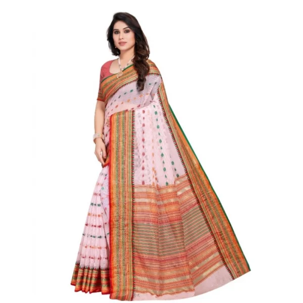 Women's Kota Doria Cotton Woven Butta Saree With Blouse (Baby Pink, 5-6 Mtrs)