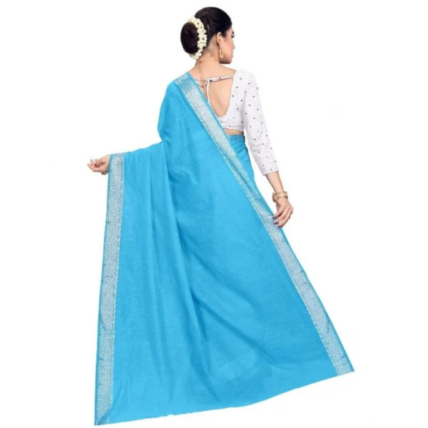 Women's Cotton Blend Designor Border Saree With Blouse (Sky Blue, 5-6 Mtrs)