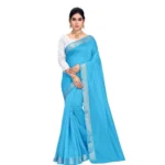 Women's Cotton Blend Designor Border Saree With Blouse (Sky Blue, 5-6 Mtrs)