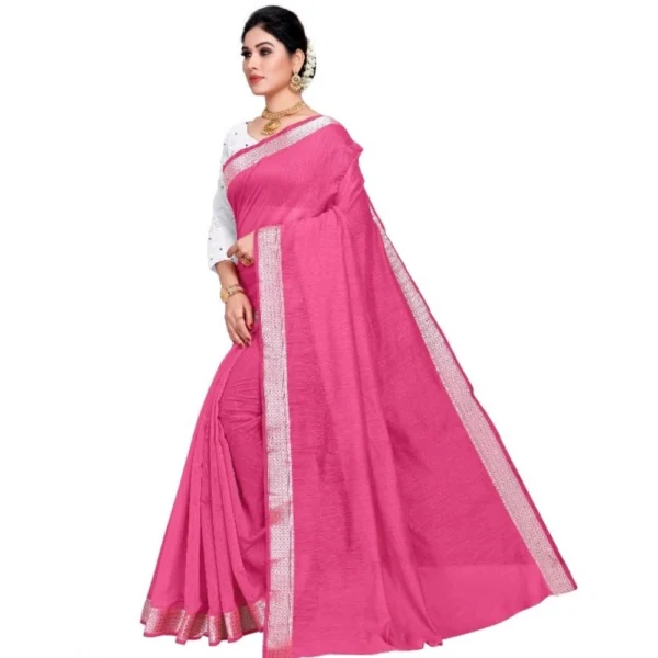 Women's Cotton Blend Designor Border Saree With Blouse (Pink, 5-6 Mtrs)