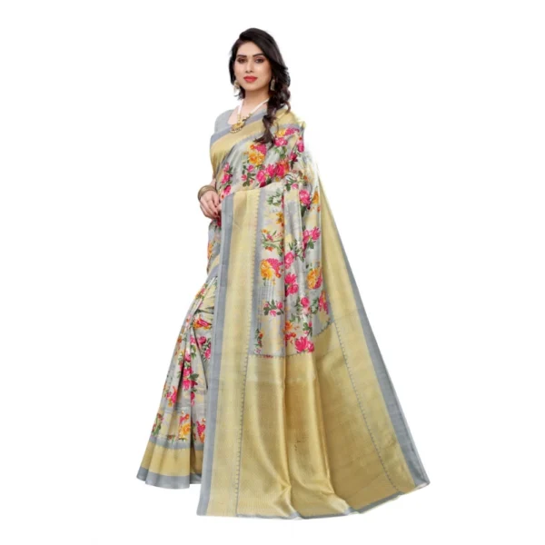 Women's Kalamkari Art Silk Printed Saree With Blouse (Grey, 5-6 Mtrs)