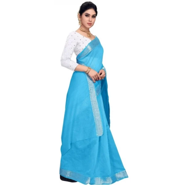 Women's Cotton Blend Designor Border Saree With Blouse (Sky Blue, 5-6 Mtrs)