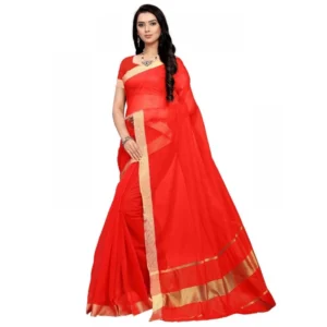 Women's Kota Doria Cotton Plain Saree With Blouse (Red, 5-6 Mtrs)