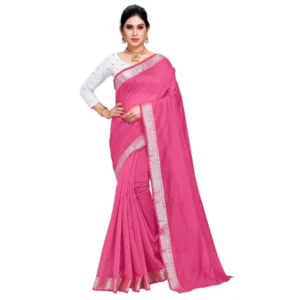 Women's Cotton Blend Designor Border Saree With Blouse (Pink, 5-6 Mtrs)