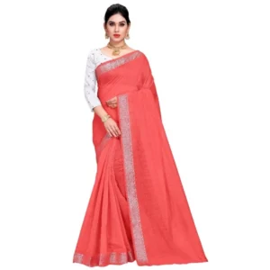 Women's Cotton Blend Designor Border Saree With Blouse (Peach, 5-6 Mtrs)