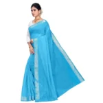 Women's Cotton Blend Designor Border Saree With Blouse (Sky Blue, 5-6 Mtrs)