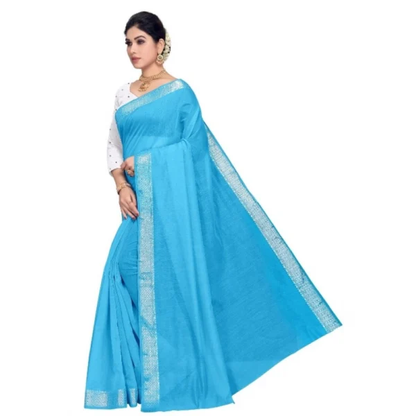Women's Cotton Blend Designor Border Saree With Blouse (Sky Blue, 5-6 Mtrs)
