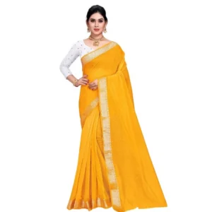 Women's Cotton Blend Designor Border Saree With Blouse (Gold, 5-6 Mtrs)