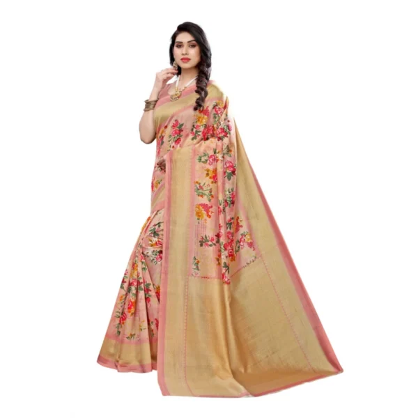 Women's Kalamkari Art Silk Printed Saree With Blouse (Peach, 5-6 Mtrs)