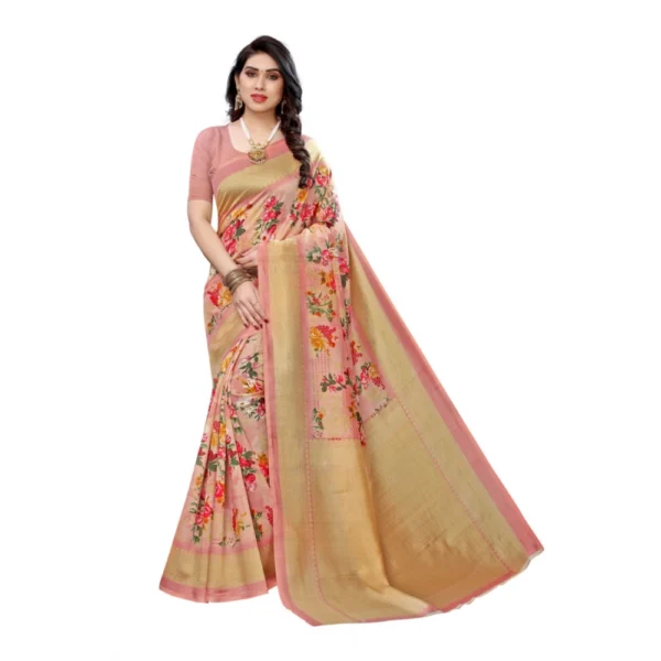 Women's Kalamkari Art Silk Printed Saree With Blouse (Peach, 5-6 Mtrs)