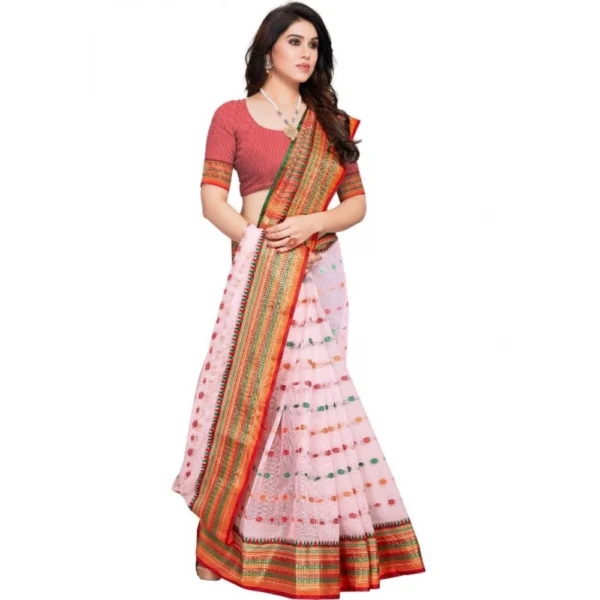 Women's Kota Doria Cotton Woven Butta Saree With Blouse (Baby Pink, 5-6 Mtrs)