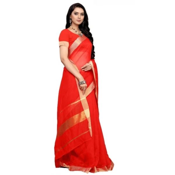 Women's Kota Doria Cotton Plain Saree With Blouse (Red, 5-6 Mtrs)