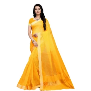 Women's Kota Doria Cotton Plain Saree With Blouse (Gold, 5-6 Mtrs)