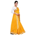 Women's Cotton Blend Designor Border Saree With Blouse (Gold, 5-6 Mtrs)