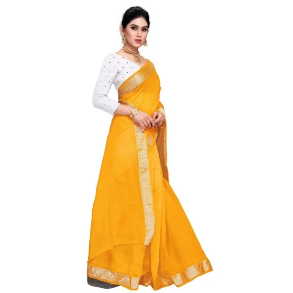Women's Cotton Blend Designor Border Saree With Blouse (Gold, 5-6 Mtrs)