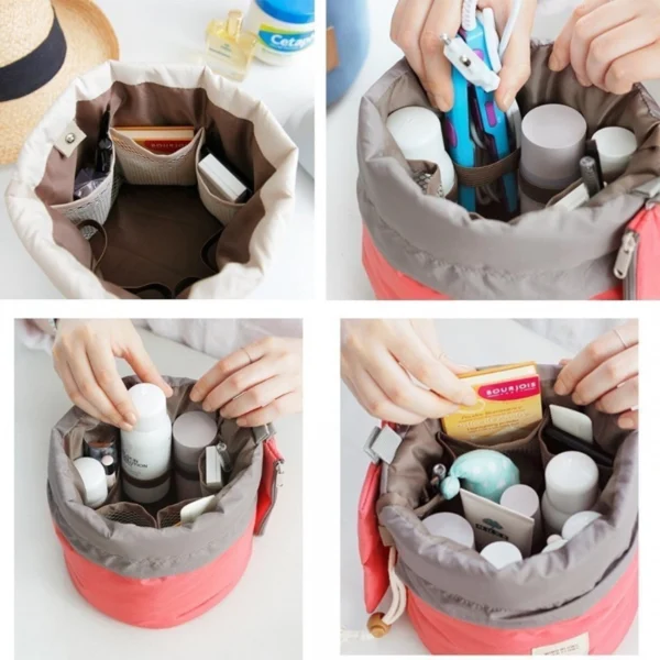 Bucket Barrel Shaped Waterproof Cosmetic Makeup Bag Round Shape (Color: Assorted)