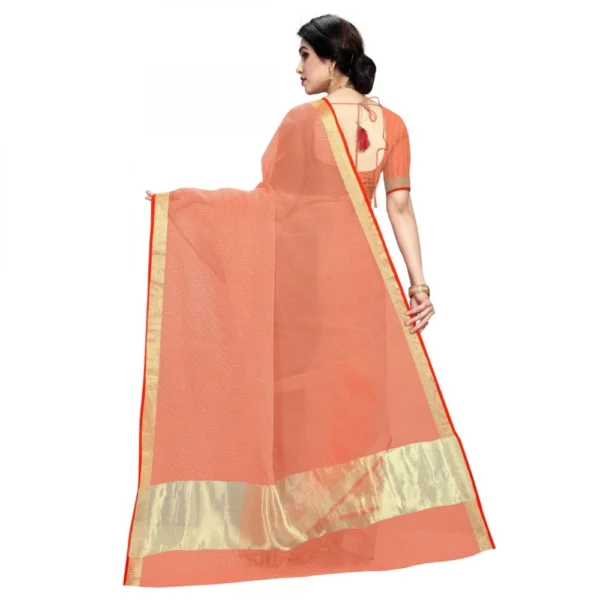Women's Kota Doria Cotton Plain Saree With Blouse (Orange, 5-6 Mtrs)
