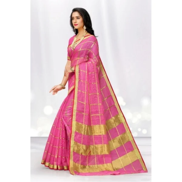 Women's Kota Doria Cotton Checked Saree With Blouse (Pink, 5-6 Mtrs)