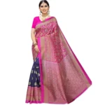 Women's Kalamkari Art Silk Printed Saree With Blouse (Navy, 5-6 Mtrs)