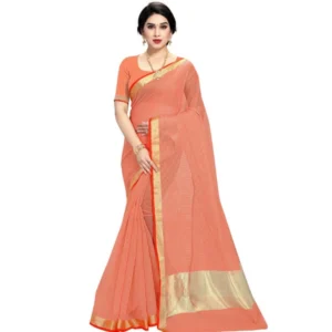 Women's Kota Doria Cotton Plain Saree With Blouse (Orange, 5-6 Mtrs)