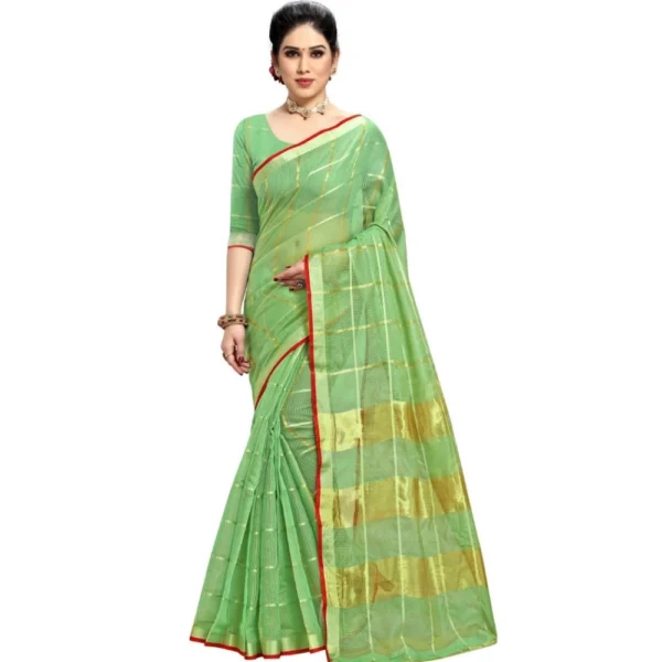 Women's Kota Doria Cotton Checked Saree With Blouse (Green, 5-6 Mtrs)