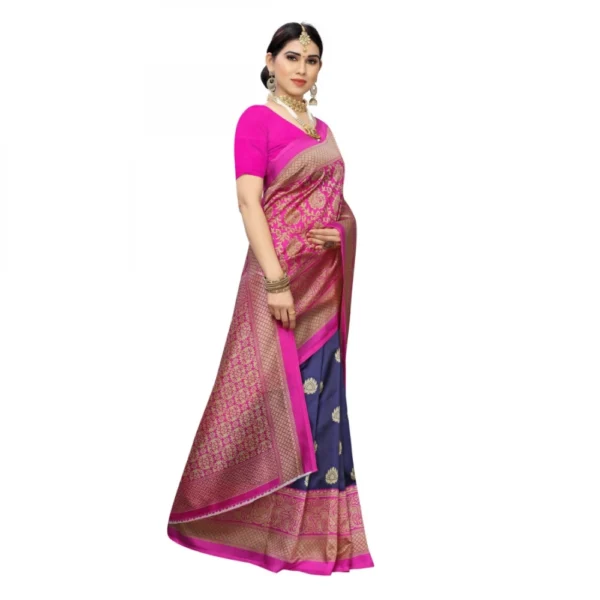 Women's Kalamkari Art Silk Printed Saree With Blouse (Navy, 5-6 Mtrs)