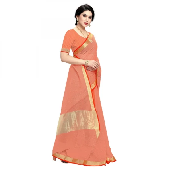 Women's Kota Doria Cotton Plain Saree With Blouse (Orange, 5-6 Mtrs)