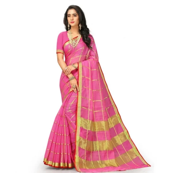 Women's Kota Doria Cotton Checked Saree With Blouse (Pink, 5-6 Mtrs)