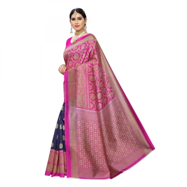 Women's Kalamkari Art Silk Printed Saree With Blouse (Navy, 5-6 Mtrs)