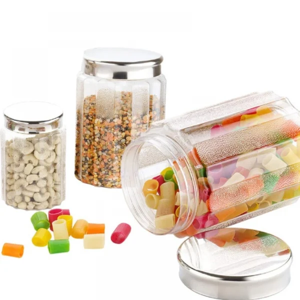 Kitchen Storage Airtight, Transparent 3 Pieces Round Jar Container with Stainless Steel lid (Color: Assorted)