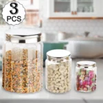 Kitchen Storage Airtight, Transparent 3 Pieces Round Jar Container with Stainless Steel lid (Color: Assorted)