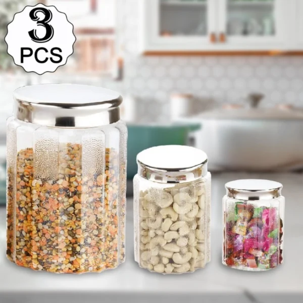 Kitchen Storage Airtight, Transparent 3 Pieces Round Jar Container with Stainless Steel lid (Color: Assorted)