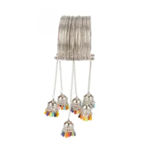 Stylish Oxidized Silver Bangle Bracelet With Hanging Jhumki (Color: Silver)