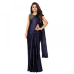 Women's Satin Plain Saree With Blouse (Navy Blue, 5-6 Mtrs)