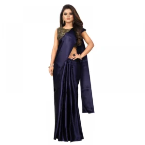 Women's Satin Plain Saree With Blouse (Navy Blue, 5-6 Mtrs)