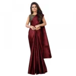 Women's Satin Plain Saree With Blouse (Maroon, 5-6 Mtrs)