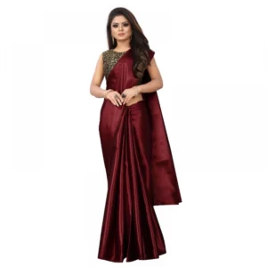 Women's Satin Plain Saree With Blouse (Maroon, 5-6 Mtrs)