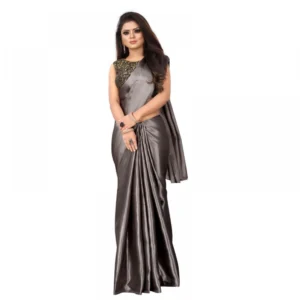 Women's Satin Plain Saree With Blouse (Dark Grey, 5-6 Mtrs)