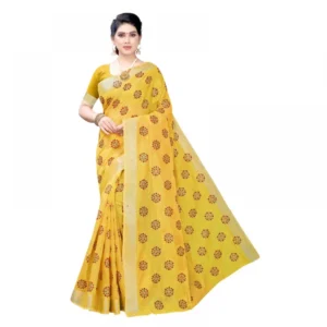 Women's Linen Blend Digital Print Saree With Blouse (Yellow, 5-6 Mtrs)
