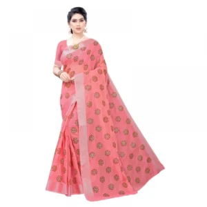 Women's Linen Blend Digital Print Saree With Blouse (Peach, 5-6 Mtrs)