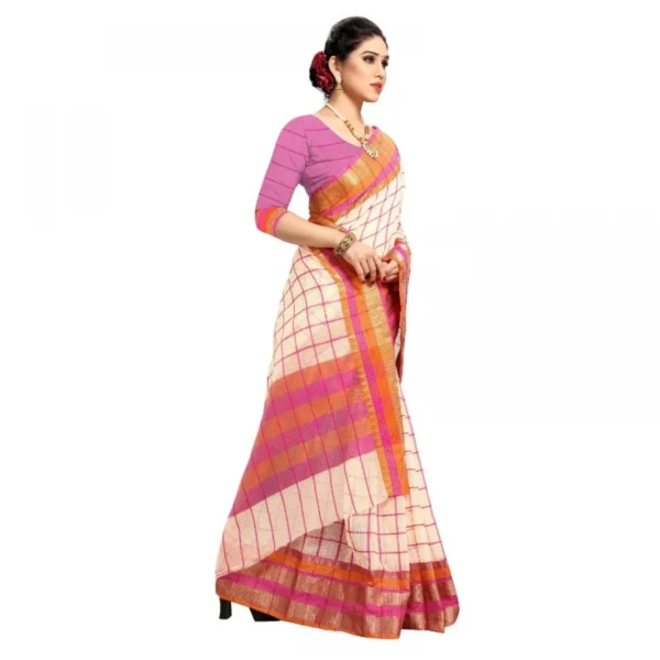 Women's Kota Doria Cotton Bordered Saree With Blouse (Beige, 5-6 Mtrs)