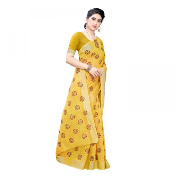 Women's Linen Blend Digital Print Saree With Blouse (Yellow, 5-6 Mtrs)