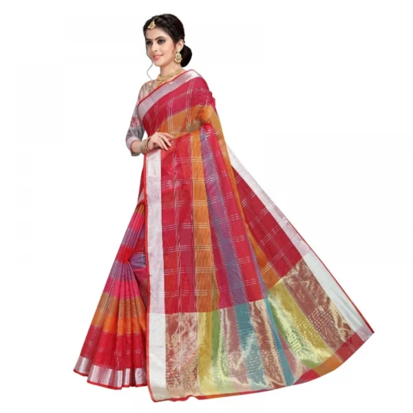 Women's Kota Doria Cotton Self Design Saree With Blouse (Red, 5-6 Mtrs)