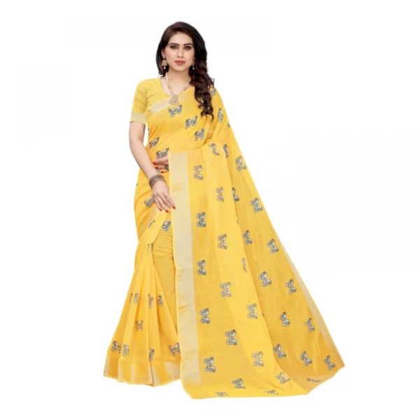 Women's Linen Blend Digital Print Saree With Blouse (Yellow, 5-6 Mtrs)
