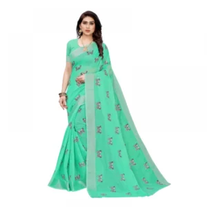 Women's Linen Blend Digital Print Saree With Blouse (Rama, 5-6 Mtrs)
