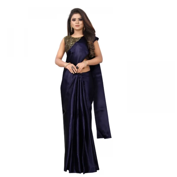 Women's Satin Plain Saree With Blouse (Navy Blue, 5-6 Mtrs)