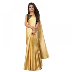 Women's Satin Plain Saree With Blouse (Gold, 5-6 Mtrs)